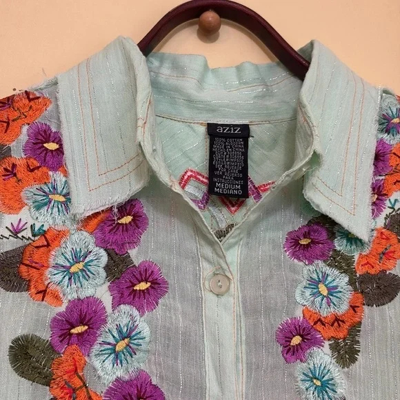 Aziz | Mint Green Floral Embroidered Metallic Thread Cotton Button Up Shirt M - Picture 14 of 17